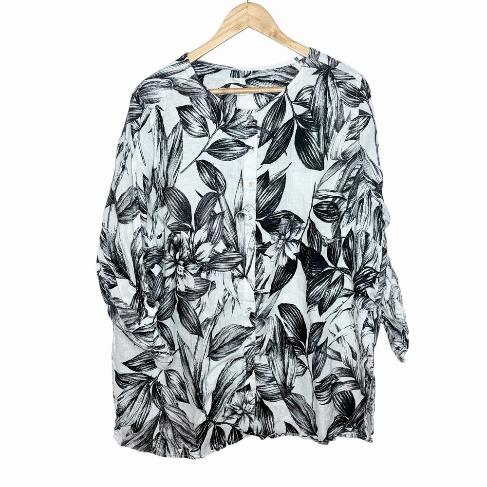C&C California Floral Print Linen Top Black White Womens 2X Tropical Resort